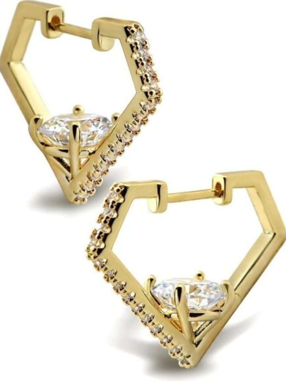 Women's 14K Gold Plated Diamond Shaped Huggie Hoop Earrings CZ Accents